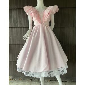 🔥VTG 80s Thank Heaven Pink Swiss Dots Barbie Edwardian Victorian Formal Dress